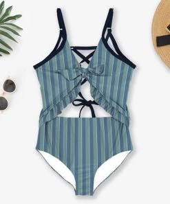 Wholesale 😍 Trend Blossoms Dusty Turquoise Stripe Lace-Up Back Cutout One-Piece - 👧 Girls 😍