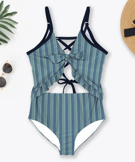 Wholesale 😍 Trend Blossoms Dusty Turquoise Stripe Lace-Up Back Cutout One-Piece - 👧 Girls 😍 3 Wholesale 😍 Trend Blossoms Dusty Turquoise Stripe Lace-Up Back Cutout One-Piece - 👧 Girls 😍