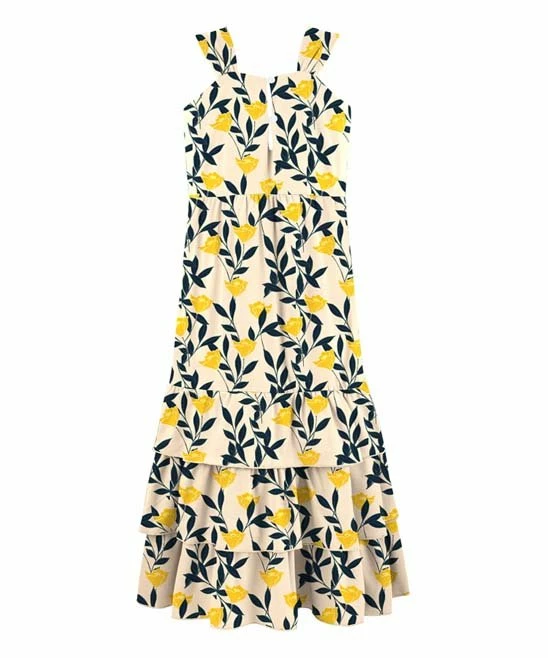 Cheap โ๏ธ Trend Blossoms Yellow & Navy Floral Tiered Sleeveless Maxi ๐ Dress - ๐ง Girls โค๏ธ 5 Cheap โ๏ธ Trend Blossoms Yellow & Navy Floral Tiered Sleeveless Maxi ๐ Dress - ๐ง Girls โค๏ธ - Image 3