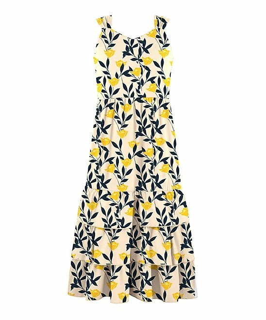 Cheap โ๏ธ Trend Blossoms Yellow & Navy Floral Tiered Sleeveless Maxi ๐ Dress - ๐ง Girls โค๏ธ 3 Cheap โ๏ธ Trend Blossoms Yellow & Navy Floral Tiered Sleeveless Maxi ๐ Dress - ๐ง Girls โค๏ธ