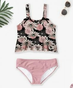 Coupon 🎉 Trend Blossoms Black & Pink Floral Bow Ruffle-Hem 👙 Bikini - 👧 Girls ❤️