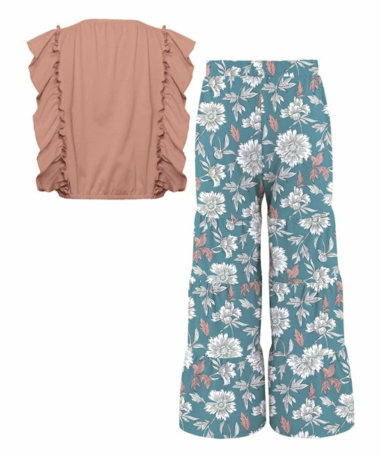 Wholesale ⭐ Trend Blossoms Dusty Coral Ruffle-Accent Sleeveless Top & Blue Floral Palazzo Pants - 👧 Girls 🥰 5 Wholesale ⭐ Trend Blossoms Dusty Coral Ruffle-Accent Sleeveless Top & Blue Floral Palazzo Pants - 👧 Girls 🥰 - Image 3