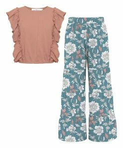 Wholesale ⭐ Trend Blossoms Dusty Coral Ruffle-Accent Sleeveless Top & Blue Floral Palazzo Pants - 👧 Girls 🥰