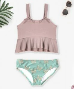 Budget 😀 Trend Blossoms Dusty Pink & Turquoise Butterfly Bow-Accent Ruffle 👙 Bikini - 👧 Girls 🎁