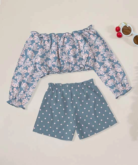 Brand new ๐ฏ Trend Blossoms Pink Floral Ruffle-Accent Crop Top & Dusty Blue Polka Dot Shorts - ๐ง Girls ๐ฅฐ 5 Brand new ๐ฏ Trend Blossoms Pink Floral Ruffle-Accent Crop Top & Dusty Blue Polka Dot Shorts - ๐ง Girls ๐ฅฐ - Image 3