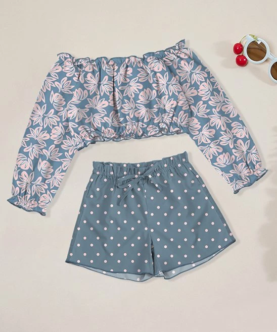 Brand new ๐ฏ Trend Blossoms Pink Floral Ruffle-Accent Crop Top & Dusty Blue Polka Dot Shorts - ๐ง Girls ๐ฅฐ 3 Brand new ๐ฏ Trend Blossoms Pink Floral Ruffle-Accent Crop Top & Dusty Blue Polka Dot Shorts - ๐ง Girls ๐ฅฐ