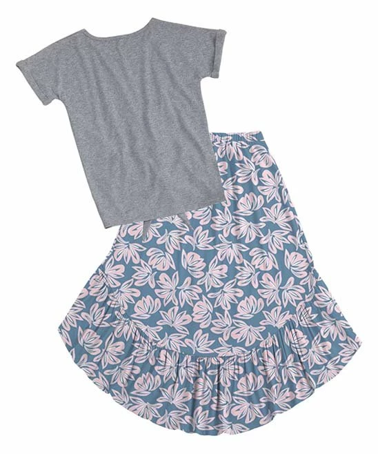 Best Sale ๐ Trend Blossoms Gray Rainbow Knot-Front Top & Dusty Blue Floral Hi-Low ๐ Skirt - ๐ง Girls โ 5 Best Sale ๐ Trend Blossoms Gray Rainbow Knot-Front Top & Dusty Blue Floral Hi-Low ๐ Skirt - ๐ง Girls โ - Image 3