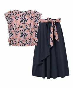 Top 10 😀 Trend Blossoms Pink Floral Ruffle-Accent Sleeveless Top & Dark Navy Maxi 👗 Skirt - 👧 Girls ❤️