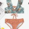 Best deal 🔔 Trend Blossoms Smoky Blue & Peach Floral Ruffle-Accent 👙 Bikini - 👧 Girls 🔥