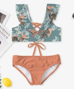 Best deal 🔔 Trend Blossoms Smoky Blue & Peach Floral Ruffle-Accent 👙 Bikini - 👧 Girls 🔥