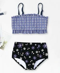 Brand new 🥰 Trend Blossoms Periwinkle & Black Floral Polka Dot Double-Ruffle 👙 Bikini - 👧 Girls 💯