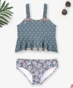 Cheapest 🔔 Trend Blossoms Dusty Blue & Pink Dot Floral Bow Ruffle-Hem 👙 Bikini - 👧 Girls 😍
