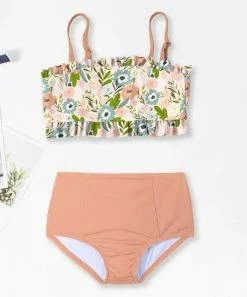 Best deal 👍 Trend Blossoms Light Coral & Green Floral Double-Ruffle 👙 Bikini - 👧 Girls 🤩