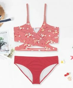 Promo 💯 Trend Blossoms Watermelon Red & Pink Floral Surplice Cutout 👙 Bikini - 👧 Girls 😍