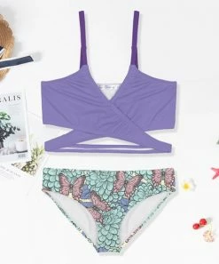 Brand new 👍 Trend Blossoms Lavender & Dusty Pink Floral Butterfly Surplice Cutout 👙 Bikini - 👧 Girls 👏