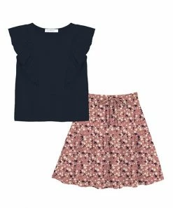 Promo 🔔 Trend Blossoms Dark Navy Angel-Sleeve Top & Pink Floral Bow-Accent 👗 Skirt - 👧 Girls 🔥