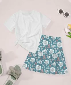 Deals 😀 Trend Blossoms White Knot-Side Crewneck Tee & Dusty Blue Floral Bow-Accent 👗 Skirt - 👧 Girls 🎉 -Trend Blossoms-shop zu104478878 alt 1 tm1648487513