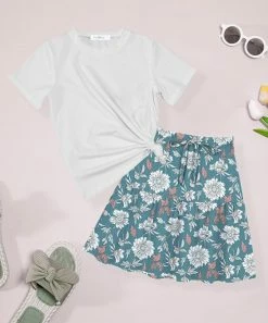 Deals 😀 Trend Blossoms White Knot-Side Crewneck Tee & Dusty Blue Floral Bow-Accent 👗 Skirt - 👧 Girls 🎉
