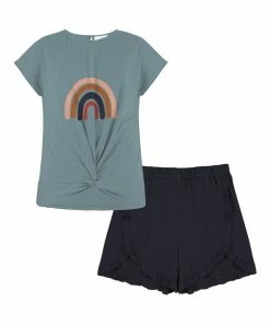 Trend Blossoms-shop 19 Flash Sale 🎉 Trend Blossoms Smoky Blue & Pink Rainbow Knot-Front Tee & Dark Navy Ruffle-Hem Shorts - 👧 Girls 🔔