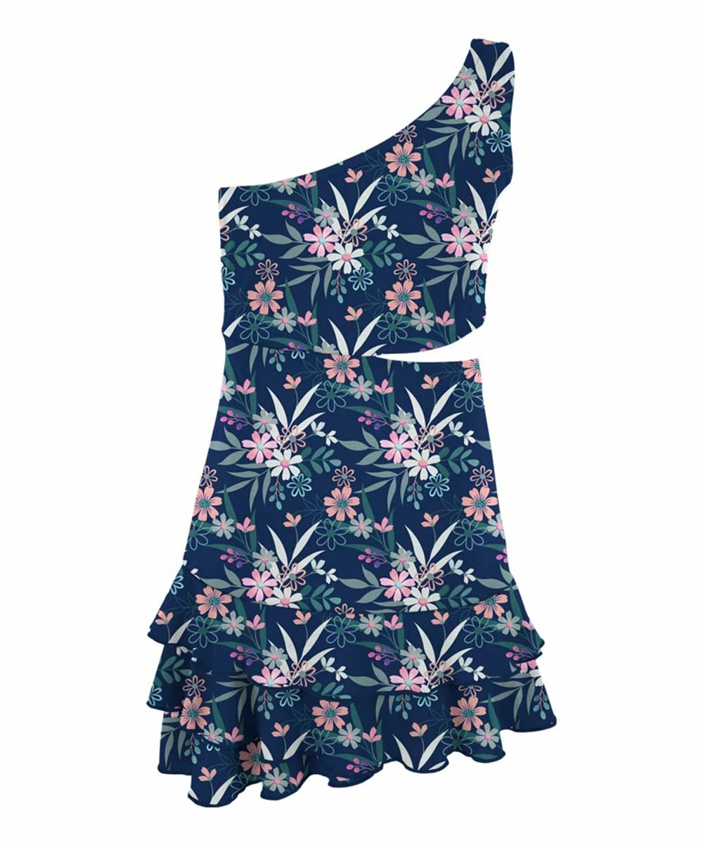Coupon 👍 Trend Blossoms Navy & Light Pink Floral One-Shoulder Ruffle-Hem 👗 Dress - 👧 Girls 😉 4 Coupon 👍 Trend Blossoms Navy & Light Pink Floral One-Shoulder Ruffle-Hem 👗 Dress - 👧 Girls 😉 - Image 2
