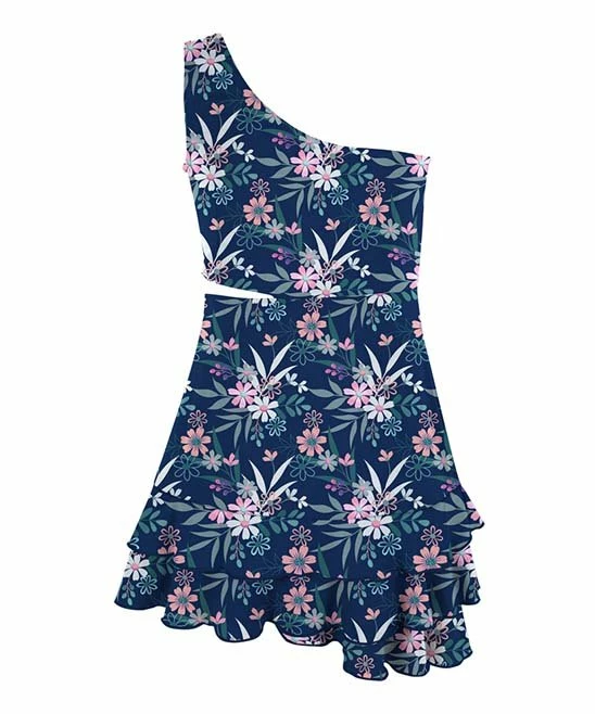 Coupon 👍 Trend Blossoms Navy & Light Pink Floral One-Shoulder Ruffle-Hem 👗 Dress - 👧 Girls 😉 3 Coupon 👍 Trend Blossoms Navy & Light Pink Floral One-Shoulder Ruffle-Hem 👗 Dress - 👧 Girls 😉