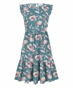 Best Pirce 👍 Trend Blossoms Dusty Turquoise & Pink Floral Ruffle-Hem Angel-Sleeve 👗 Dress - 👧 Girls ⭐