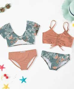 Cheap 🔥 Trend Blossoms Dusty Turquoise & Peach Floral Knot-Front 👙 Bikini Set - 👧 Girls 👍