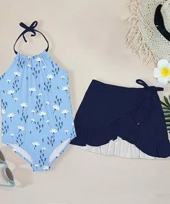 Top 10 ❤️ Trend Blossoms Blue & White Floral Halter One-Piece & Ruffle Swim 👗 Skirt - 👧 Girls 👏