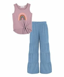 Cheap 🎁 Trend Blossoms Pink & Teal Rainbow Tie-Front Tank & Blue Tiered Pants - 👧 Girls 🔔