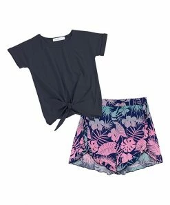 Discount 🧨 Trend Blossoms Navy Knot-Front Tee & Pink Floral Ruffle Shorts - 👧 Girls 🌟