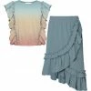 Buy 💯 Trend Blossoms Dusty Turquoise & Coral Ombré Angel-Sleeve Top & Ruffle Asymmetric 👗 Skirt - 👧 Girls 😀 -Trend Blossoms-shop zu105216361 main tm1650465770