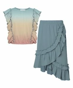 Buy 💯 Trend Blossoms Dusty Turquoise & Coral Ombré Angel-Sleeve Top & Ruffle Asymmetric 👗 Skirt - 👧 Girls 😀