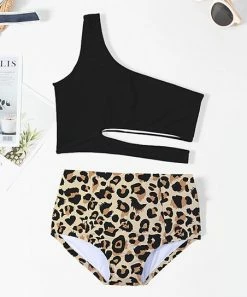 Discount 🎉 Trend Blossoms Black & Light Brown Leopard-Print One-Shoulder 👙 Bikini Top & Bottoms - 👧 Girls 😍