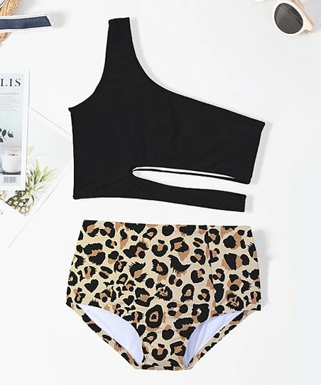 Discount 🎉 Trend Blossoms Black & Light Brown Leopard-Print One-Shoulder 👙 Bikini Top & Bottoms - 👧 Girls 😍 3 Discount 🎉 Trend Blossoms Black & Light Brown Leopard-Print One-Shoulder 👙 Bikini Top & Bottoms - 👧 Girls 😍