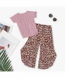 Discount 🔔 Trend Blossoms Pink 'Sunshine' Knot-Hem Tee & Brown Leopard-Print Ruffle Pants - 👧 Girls 🛒 -Trend Blossoms-shop zu105367326 alt 2 tm1651101121