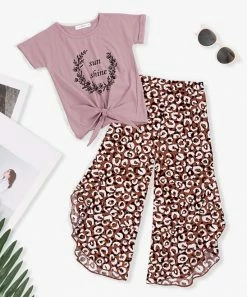 Discount 🔔 Trend Blossoms Pink 'Sunshine' Knot-Hem Tee & Brown Leopard-Print Ruffle Pants - 👧 Girls 🛒