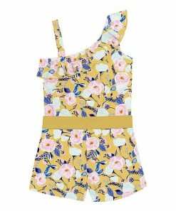 Budget 🔥 Trend Blossoms Mustard & Light Pink Floral Ruffle-Accent One-Shoulder Romper - 👧 Girls 😍 -Trend Blossoms-shop zu105367329 alt 1 tm1651756968