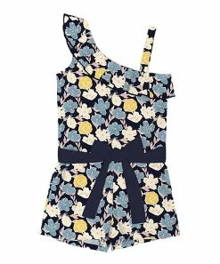 Top 10 ❤️ Trend Blossoms Dark Navy & Dusty Blue Floral Ruffle-Accent One-Shoulder Romper - 👧 Girls 🧨