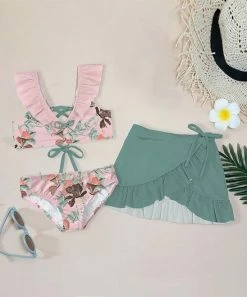 Promo 🔔 Trend Blossoms Light Pink & Dusty Turquoise Floral Ruffle-Accent Bow 👙 Bikini Set - 👧 Girls 😉