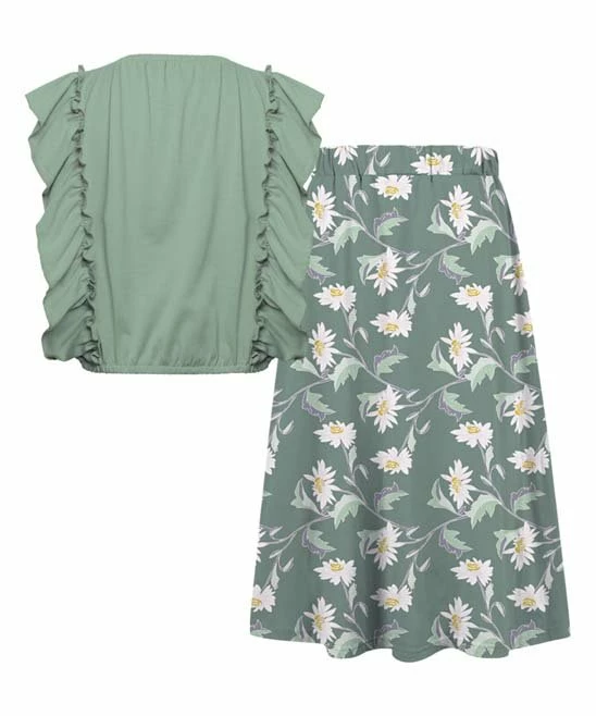 Outlet ❤️ Trend Blossoms Gray Green Ruffle-Accent Sleeveless Top & Floral Maxi 👗 Skirt - 👧 Girls 🤩 5 Outlet ❤️ Trend Blossoms Gray Green Ruffle-Accent Sleeveless Top & Floral Maxi 👗 Skirt - 👧 Girls 🤩 - Image 3