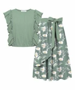 Outlet ❤️ Trend Blossoms Gray Green Ruffle-Accent Sleeveless Top & Floral Maxi 👗 Skirt - 👧 Girls 🤩