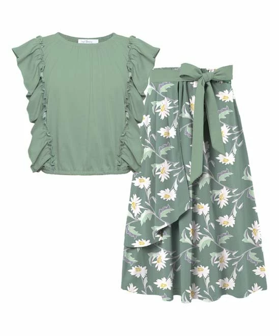 Outlet ❤️ Trend Blossoms Gray Green Ruffle-Accent Sleeveless Top & Floral Maxi 👗 Skirt - 👧 Girls 🤩 3 Outlet ❤️ Trend Blossoms Gray Green Ruffle-Accent Sleeveless Top & Floral Maxi 👗 Skirt - 👧 Girls 🤩