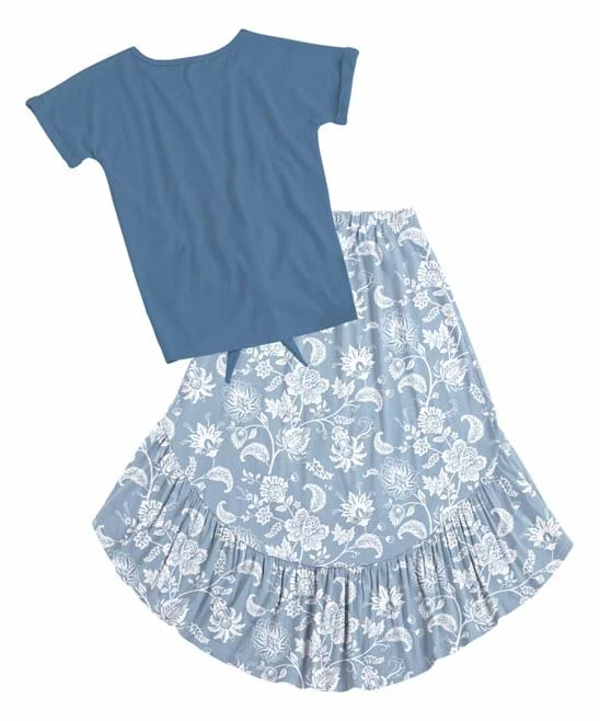 Budget 🤩 Trend Blossoms Blue Floral Knot-Front Crewneck Tee & Gray Blue Floral Hi-Low 👗 Skirt - 👧 Girls 🛒 5 Budget 🤩 Trend Blossoms Blue Floral Knot-Front Crewneck Tee & Gray Blue Floral Hi-Low 👗 Skirt - 👧 Girls 🛒 - Image 3