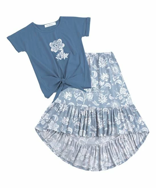 Budget 🤩 Trend Blossoms Blue Floral Knot-Front Crewneck Tee & Gray Blue Floral Hi-Low 👗 Skirt - 👧 Girls 🛒 3 Budget 🤩 Trend Blossoms Blue Floral Knot-Front Crewneck Tee & Gray Blue Floral Hi-Low 👗 Skirt - 👧 Girls 🛒