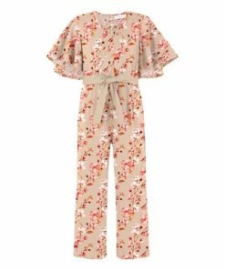 Cheap 🎉 Trend Blossoms Light Apricot Floral Bow-Belt Flutter-Sleeve Jumpsuit - 👧 Girls ❤️