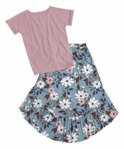 Best Sale 🎁 Trend Blossoms Mauve 'Sunshine' Knot-Hem Top & Blue Floral Hi-Low 👗 Skirt - 👧 Girls 😀 -Trend Blossoms-shop zu105707740 alt 2 tm1652282142