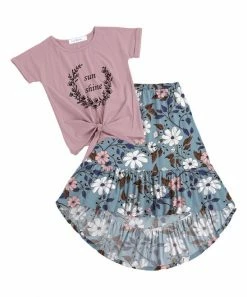 Best Sale 🎁 Trend Blossoms Mauve 'Sunshine' Knot-Hem Top & Blue Floral Hi-Low 👗 Skirt - 👧 Girls 😀