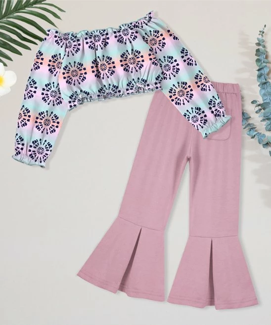 New 😀 Trend Blossoms Light Turquoise Mandala Off-Shoulder Top & Light Pink Flare Pants - 👧 Girls ✨ 4 New 😀 Trend Blossoms Light Turquoise Mandala Off-Shoulder Top & Light Pink Flare Pants - 👧 Girls ✨ - Image 2