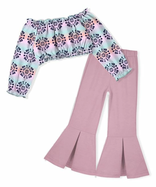 New 😀 Trend Blossoms Light Turquoise Mandala Off-Shoulder Top & Light Pink Flare Pants - 👧 Girls ✨ 5 New 😀 Trend Blossoms Light Turquoise Mandala Off-Shoulder Top & Light Pink Flare Pants - 👧 Girls ✨ - Image 3