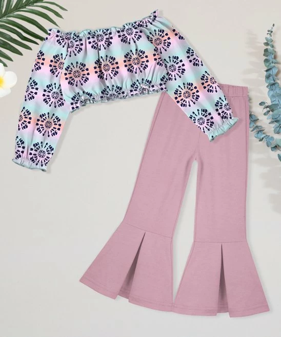 New 😀 Trend Blossoms Light Turquoise Mandala Off-Shoulder Top & Light Pink Flare Pants - 👧 Girls ✨ 3 New 😀 Trend Blossoms Light Turquoise Mandala Off-Shoulder Top & Light Pink Flare Pants - 👧 Girls ✨